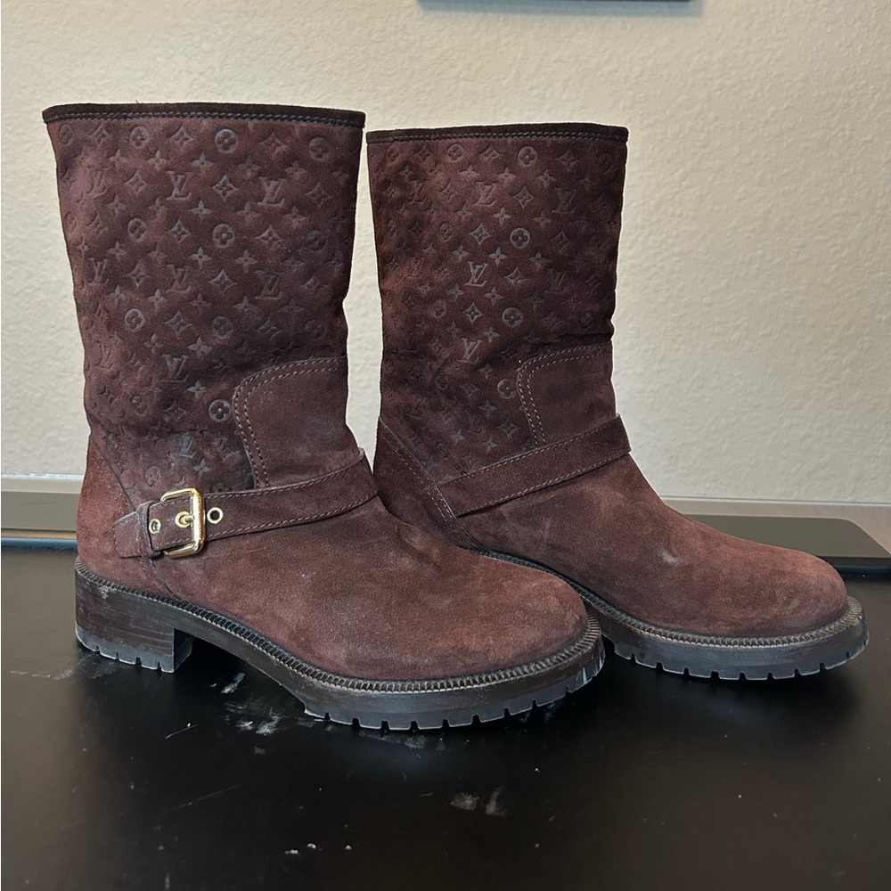 Louis Vuitton monogram furry boots